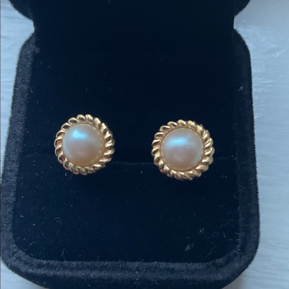 Givenchy Vintage Signed Gold Pearl Stud Earrings clip